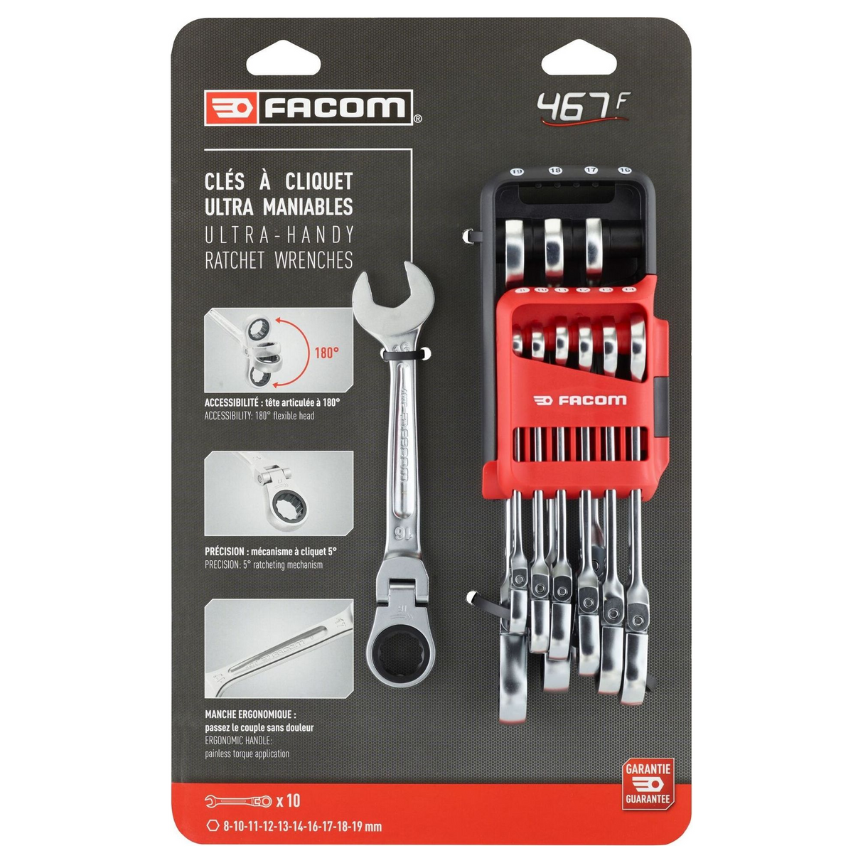 467BF.JP10PB - Ratchet Wrench Set Flex Head Facom 467BF 10 Pieces